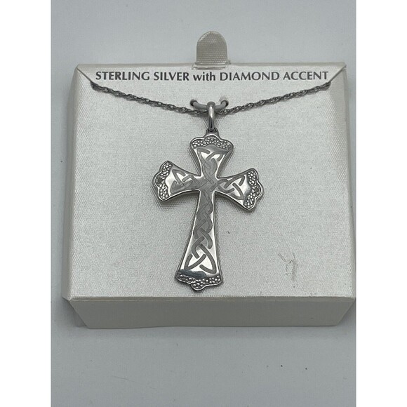 Sterling Silver Diamond Accent Etched Celtic Cross Pendant Necklace New - Picture 2 of 7